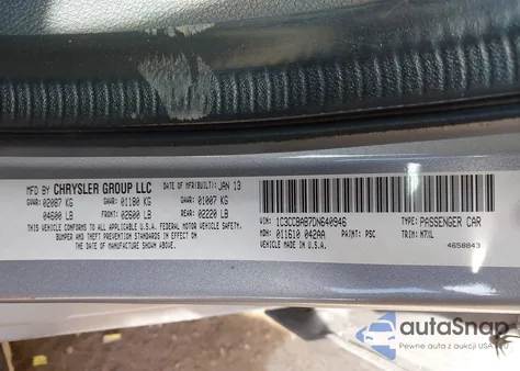 2013 Chrysler 200 Lx z USA, uszkodzony, nr VIN 1C3CCBAB7DN640946